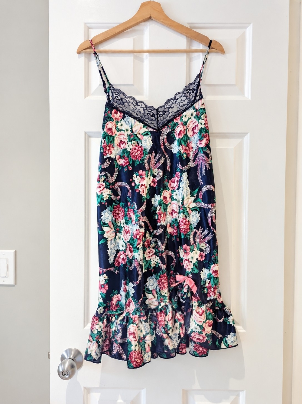 Vintage Blue Floral Slip Dress 90s Coquette Whimsigoth  Cottagecore Satin Silk L